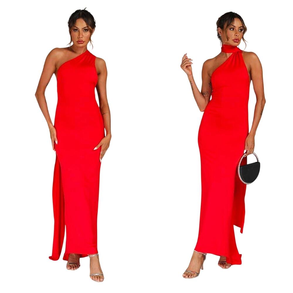 Abyovrt Long Red Dress Size 12 With Silver Hoop And Long Drape